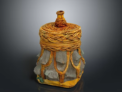 Handmade Woven Storage Container With Yellow Gray Design And Decorative Lid 3d model