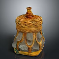 Handmade Woven Storage Container With Yellow Gray Design And Decorative Lid