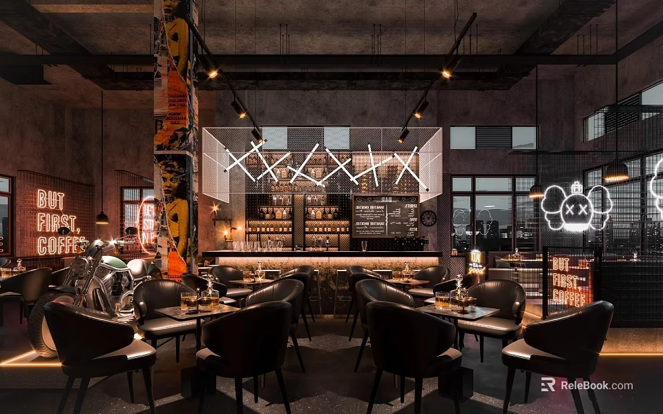 Industrial Style Bar Interior With Motorcycle Neon Lights And Seating 3d model 