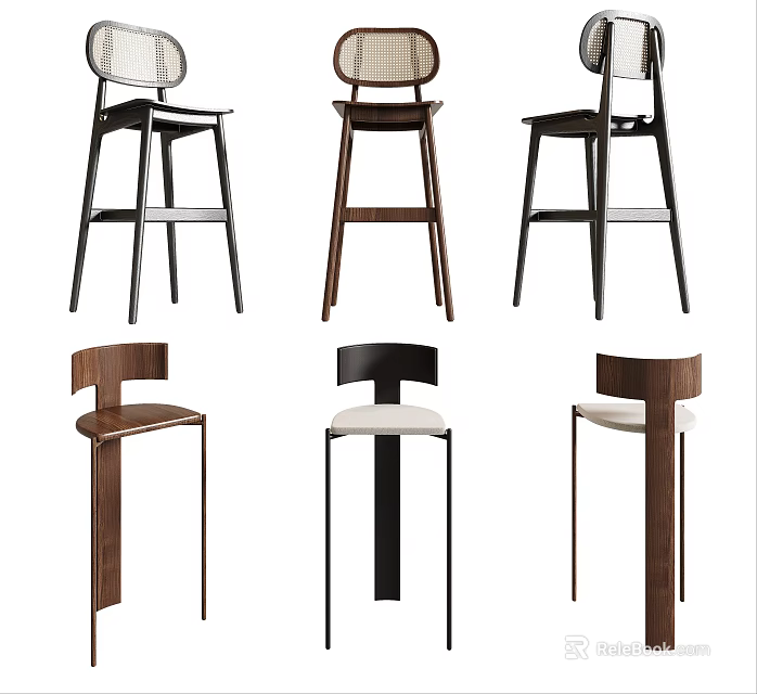 Modern Bar Stools Featuring Various Wooden And Metal Frame Backrest Designs 3d model
