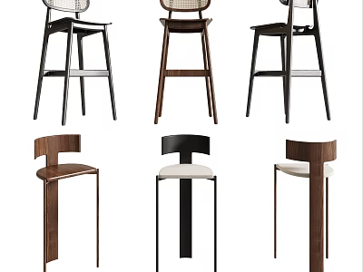 Modern Bar Stools Featuring Various Wooden And Metal Frame Backrest Designs 3d model