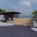 Modern Building Entrance With Glass Curtain Wall Wooden Fence And Canopy Driveway