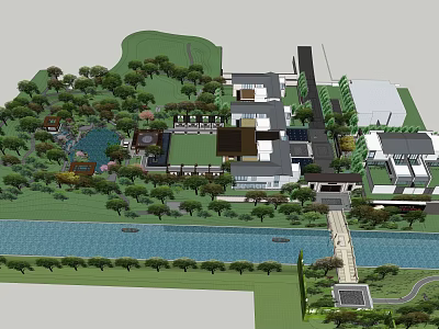 Natural Garden Landscape Design With River Trees And Modern Buildings Layout 3d model