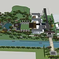Natural Garden Landscape Design With River Trees And Modern Buildings Layout