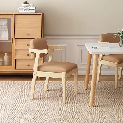 Minimalist Dining Room Interior With Wooden Table Upholstered Chairs Rug And Storage Cabinets 3d model
