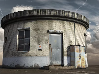 Old Circular Brick Structure With Weathered Walls Window Door And Rusted Cabinet 3d model