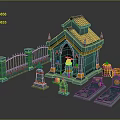Teal Small Building With Brown Roof Spires Fence Tombstones And Barrel