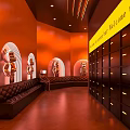 Futuristic Retro Style Bar With Robots Neon Lights Curved Design And Warm Toned Interior