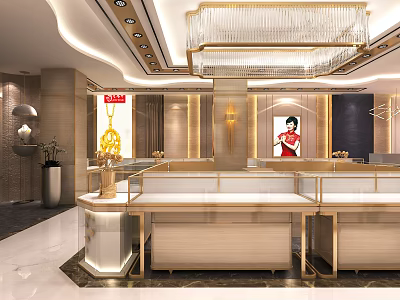 Elegant Jewelry Store Interior With Glass Display Counters And Crystal Chandelier 3d model