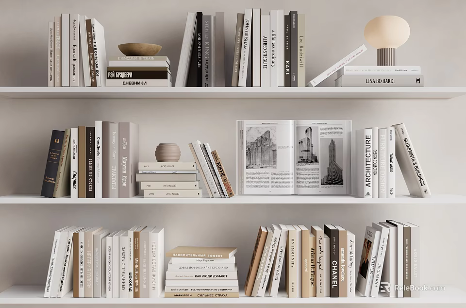 Stylish Bookshelf Display With Organized Books Open Magazine And Multiple Shelves 3d model 
