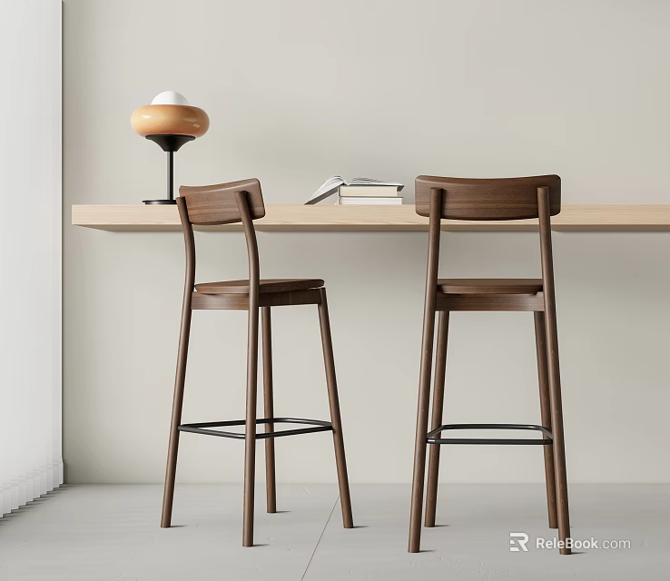 Modern Walnut Bar Stools With Backrest At Home Counter With Lamp And Books 3d model 
