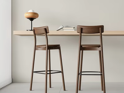 Modern Walnut Bar Stools With Backrest At Home Counter With Lamp And Books 3d model