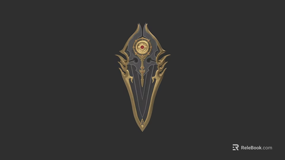Ornate Fantasy Shield With Golden Black Design And Red Circular Center 3d model 