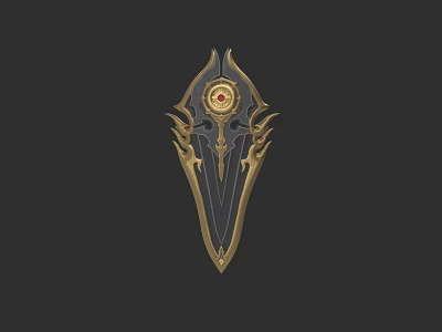 Ornate Fantasy Shield With Golden Black Design And Red Circular Center 3d model