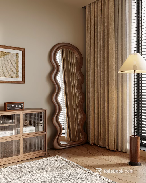 Curved Mirror in Interior with Wooden Cabinet Framed Painting Table Lamp Curtains and Blinds 3d model 