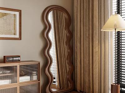 Curved Mirror in Interior with Wooden Cabinet Framed Painting Table Lamp Curtains and Blinds 3d model
