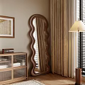 Curved Mirror in Interior with Wooden Cabinet Framed Painting Table Lamp Curtains and Blinds