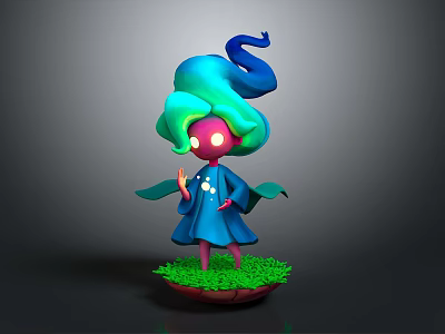 Game Movie Character With Colorful Hair Red Glowing Eyes And Blue Cloak On Green Grass 3d model