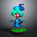 Game Movie Character With Colorful Hair Red Glowing Eyes And Blue Cloak On Green Grass