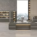Modern Office Desk With Large Window City View Bookshelf And Sofa