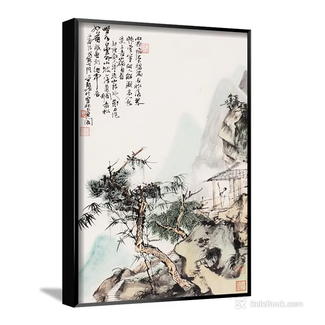 Chinese Traditional Landscape Painting With Misty Mountains Pine Trees And Thatched Cottage 3d model 
