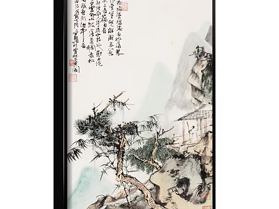 Chinese Traditional Landscape Painting With Misty Mountains Pine Trees And Thatched Cottage 3d model