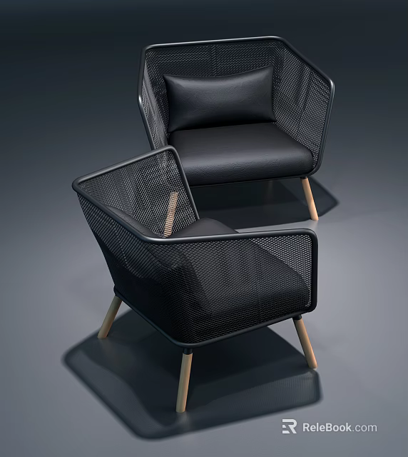 Modern Black Mesh Leisure Chairs With Cushioned Seats And Wooden Legs 3d model 