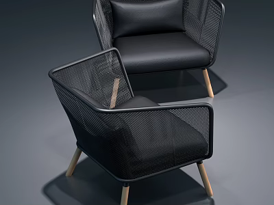 Modern Black Mesh Leisure Chairs With Cushioned Seats And Wooden Legs 3d model