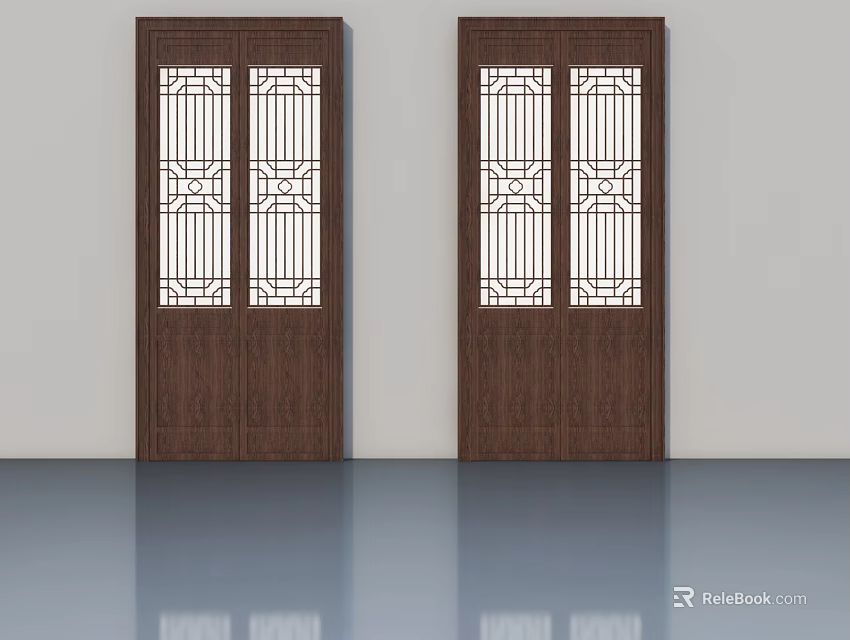 Double Wooden Hinged Doors With White Geometric Pattern For Home Interior Design 3d model