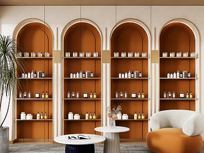 Modern Arched Brown Display Shelves With Gold Trim Potted Plant Armchair And Round Side Tables 3d model