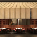 Elegant Modern Restaurant Interior With Wooden Staircase And Red Brick Walls