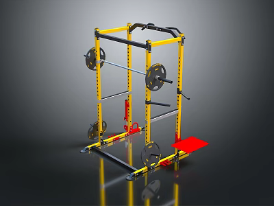 Multi functional Fitness Training Rack with Yellow Black Frame Red Platform and Weight Plates 3d model