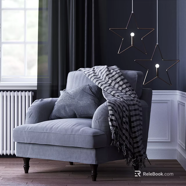 Grey Single Seater Sofa With Checkered Cushion Throw Blanket By Window Dark Curtains Star Lights 3d model 