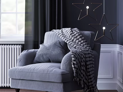 Grey Single Seater Sofa With Checkered Cushion Throw Blanket By Window Dark Curtains Star Lights 3d model