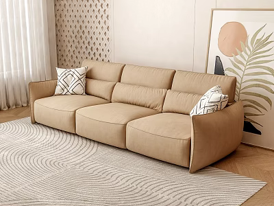 Modern Beige Three Seater Sofa With Geometric Accent Pillows On Wavy Pattern Rug 3d model