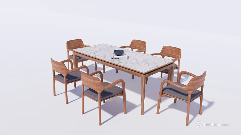 Modern Dining Table Set Featuring Marble Tabletop and Wooden Upholstered Chairs 3d model