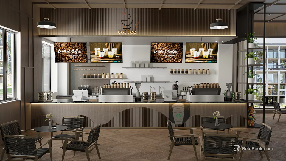 Modern Cafe Interior Design With Coffee Bar Counter Displays Pendant Lights And Wooden Tables 3d model 