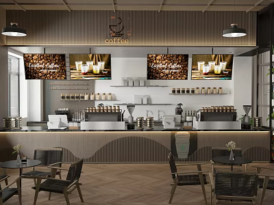 Modern Cafe Interior Design With Coffee Bar Counter Displays Pendant Lights And Wooden Tables 3d model