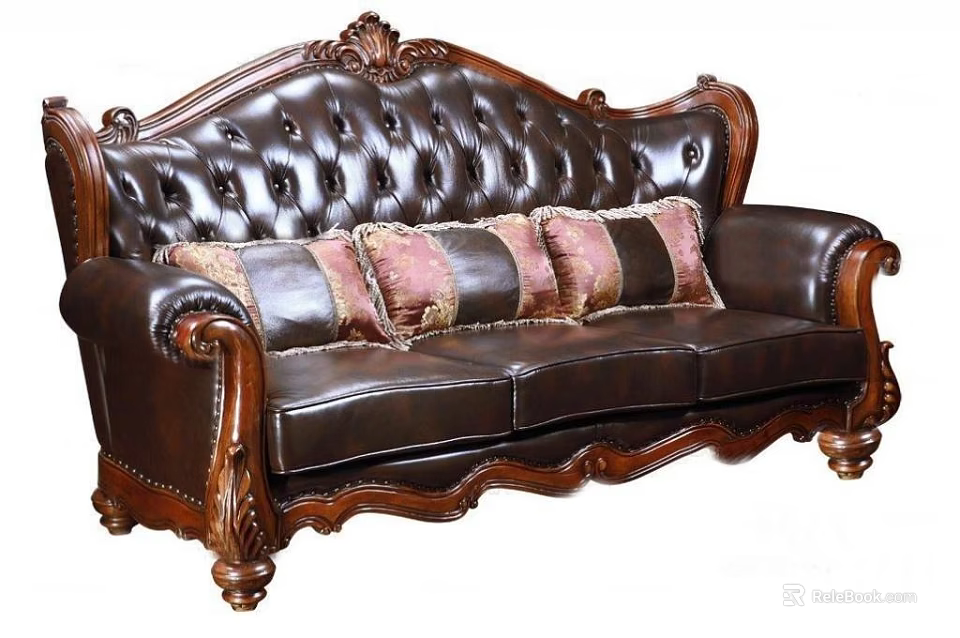 Traditional Classic Three-Seater Leather Sofa with Carved Wooden Frame Tufted Back and Patterned Pillows 3d model 