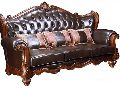 Traditional Classic Three-Seater Leather Sofa with Carved Wooden Frame Tufted Back and Patterned Pillows 3d model