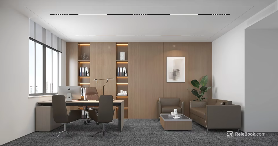 Modern Office Interior With Desk Chairs Bookshelves Sofa Coffee Table Plant And Wall Art 3d model 
