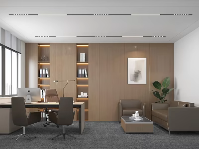 Modern Office Interior With Desk Chairs Bookshelves Sofa Coffee Table Plant And Wall Art 3d model