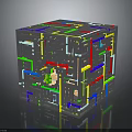 3D Cube Maze Structure With Colorful Paths And Mini Figures Inside