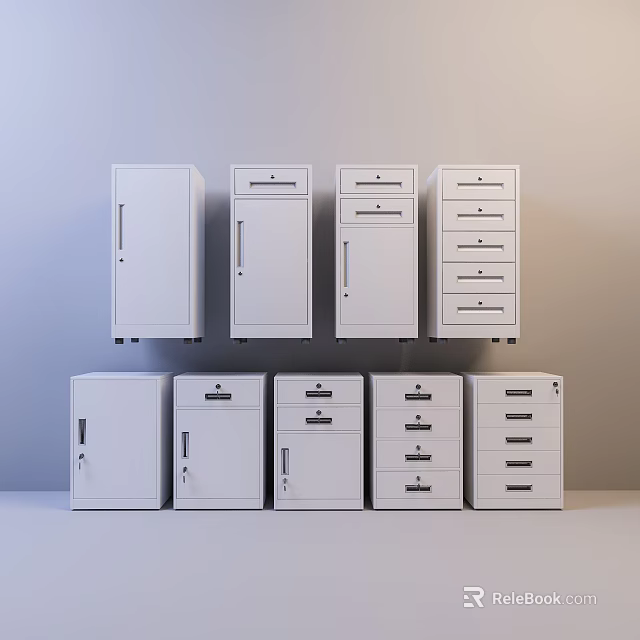 White Storage Lockers With Various Styles Including Doors And Drawers Arranged In Two Rows 3d model 
