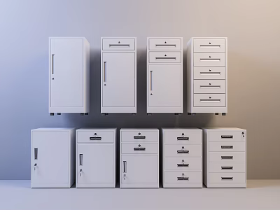 White Storage Lockers With Various Styles Including Doors And Drawers Arranged In Two Rows 3d model