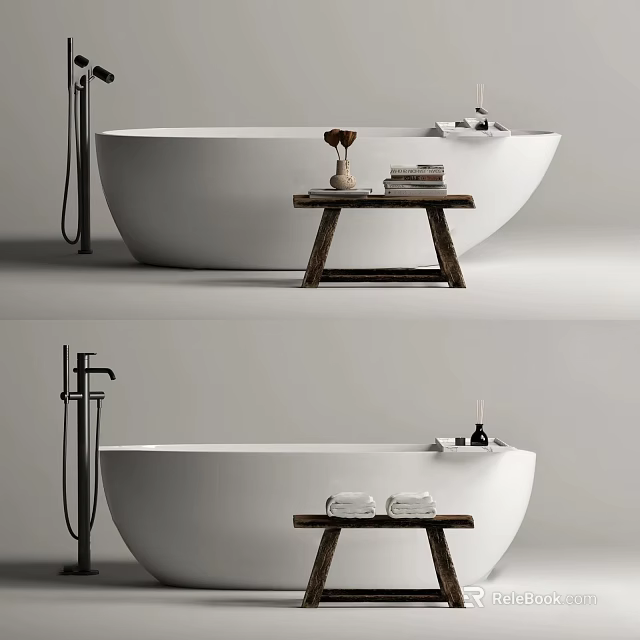 Modern Freestanding White Bathtub In Bathroom Interior With Wooden Stool Towels And Bath Accessories 3d model 