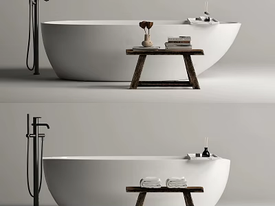 Modern Freestanding White Bathtub In Bathroom Interior With Wooden Stool Towels And Bath Accessories 3d model