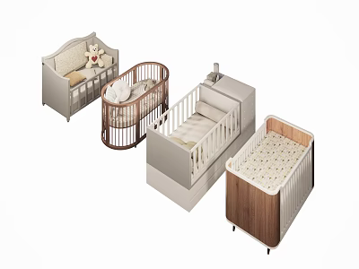 Modern Baby Cribs in Beige and Brown Designs with Wooden Frames and Mattress 3d model