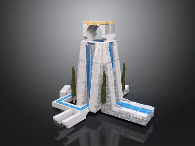 Decorative Stone Water Fountain Structure With Arched Top Waterfall Pool And Trees 3d model