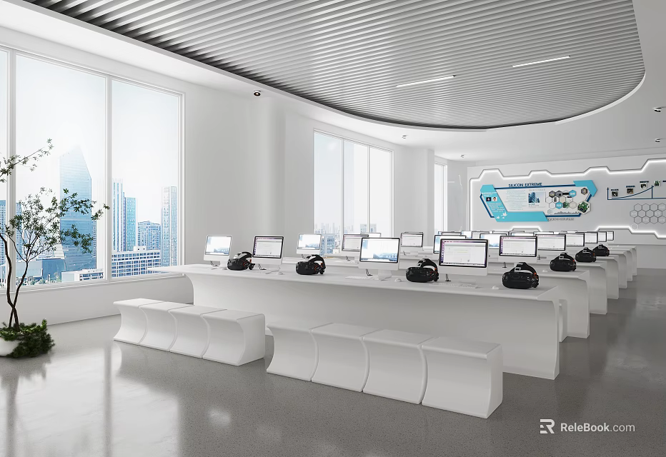 Modern Tech Learning Space With Computers VR Headsets And City View Through Large Windows 3d model 